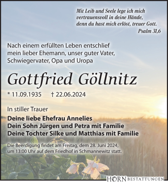 Traueranzeige von Gottfried Göllnitz von Leipziger Volkszeitung