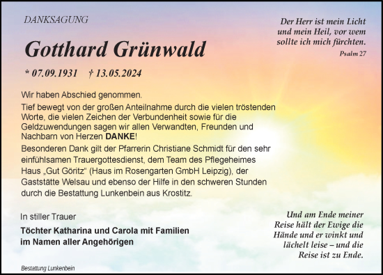 Traueranzeige von Gotthard Grünwald von Torgauer Zeitung