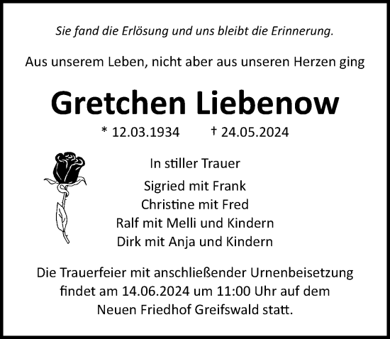 Traueranzeige von Gretchen Liebenow von Ostsee-Zeitung GmbH