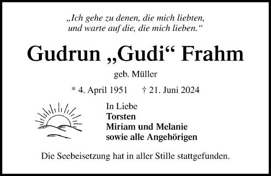 Traueranzeige von Gudrun Frahm von Lübecker Nachrichten