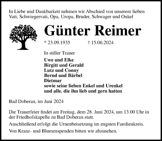 Traueranzeige von Günter Reimer von Ostsee-Zeitung GmbH