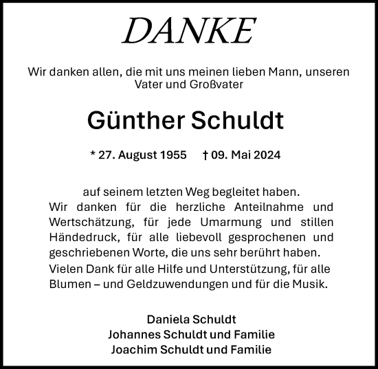 Traueranzeige von Günther Schuldt von Ostsee-Zeitung GmbH