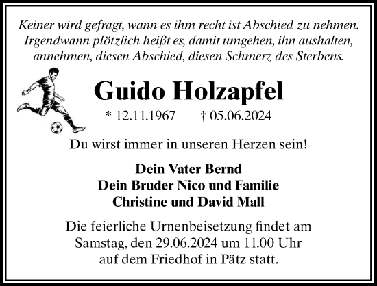 Traueranzeige von Guido Holzapfel von Märkischen Allgemeine Zeitung