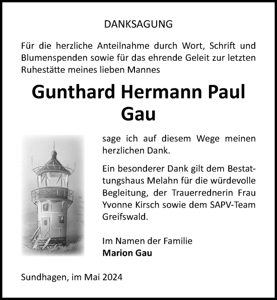 Traueranzeige von Gunthard Hermann Paul Gau von Ostsee-Zeitung GmbH