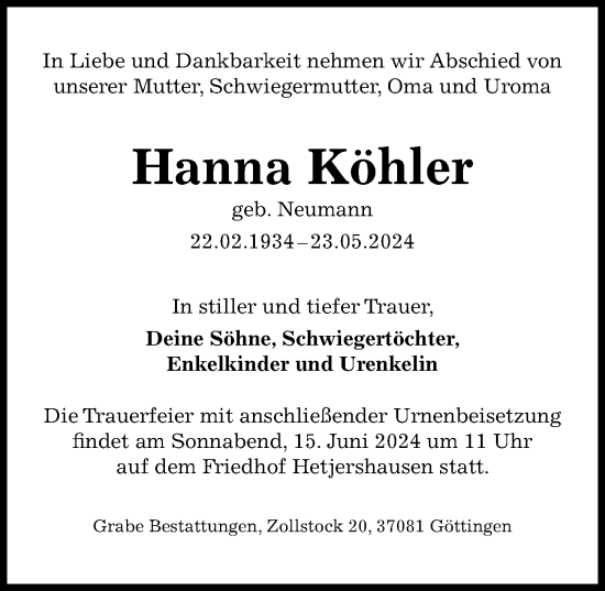 Traueranzeige von Hanna Köhler von Göttinger Tageblatt