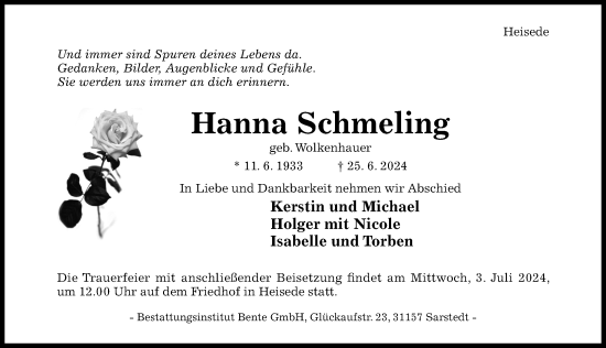 Traueranzeige von Hanna Schmeling von Hannoversche Allgemeine Zeitung/Neue Presse