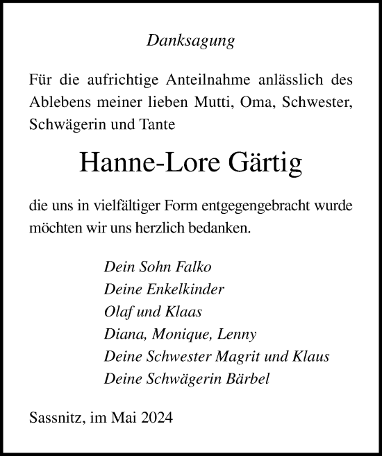 Traueranzeige von Hanne-Lore Gärtig von Ostsee-Zeitung GmbH