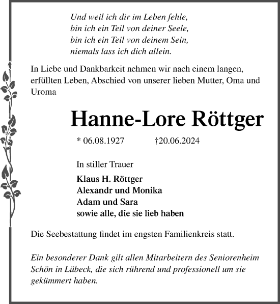 Traueranzeige von Hanne-Lore Röttger von Lübecker Nachrichten