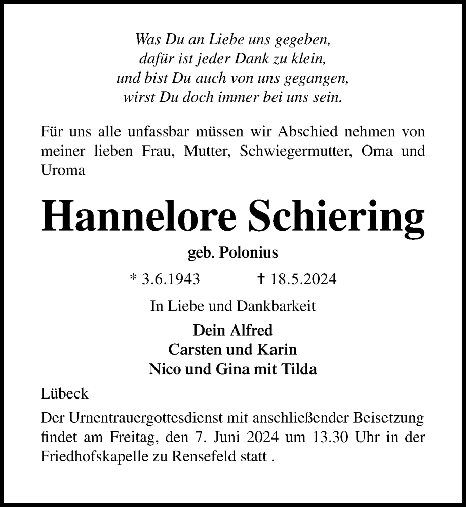  Traueranzeige für Hannelore Schiering vom 02.06.2024 aus Lübecker Nachrichten