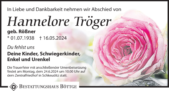 Traueranzeige von Hannelore Tröger von Leipziger Volkszeitung