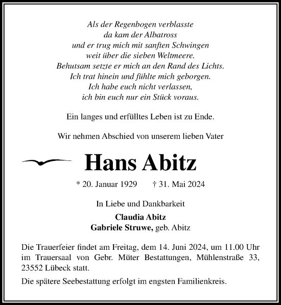 Traueranzeige von Hans Abitz von Lübecker Nachrichten