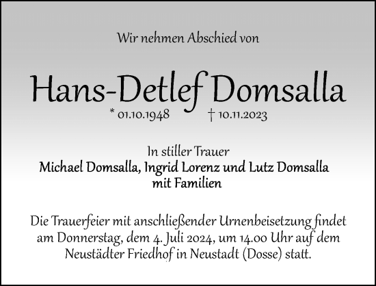 Traueranzeige von Hans-Detlef Domsalla