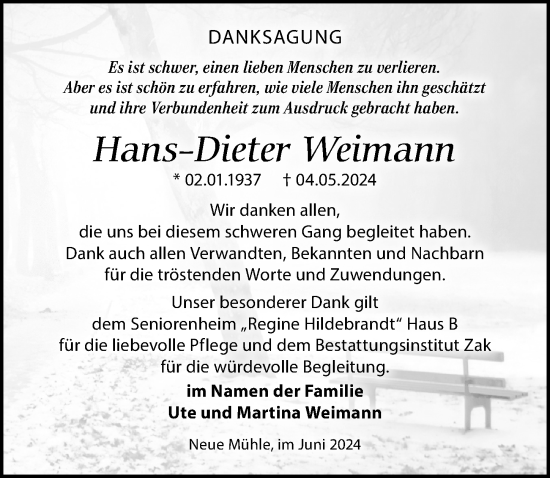 Traueranzeige von Hans-Dieter Weimann von Märkischen Allgemeine Zeitung