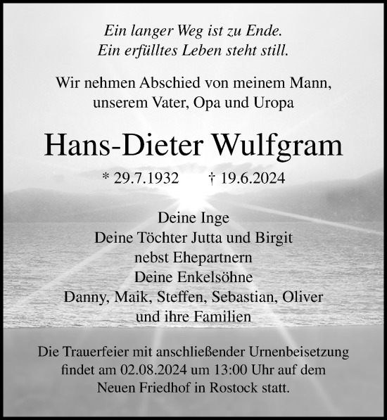 Traueranzeige von Hans-Dieter Wulfgram von Ostsee-Zeitung GmbH