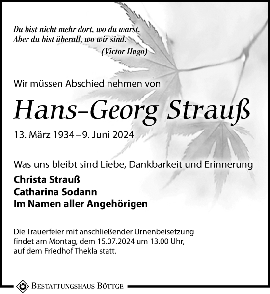 Traueranzeige von Hans-Georg Strauß von Leipziger Volkszeitung