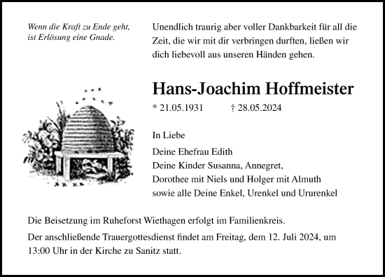 Traueranzeige von Hans-Joachim Hoffmeister von Ostsee-Zeitung GmbH