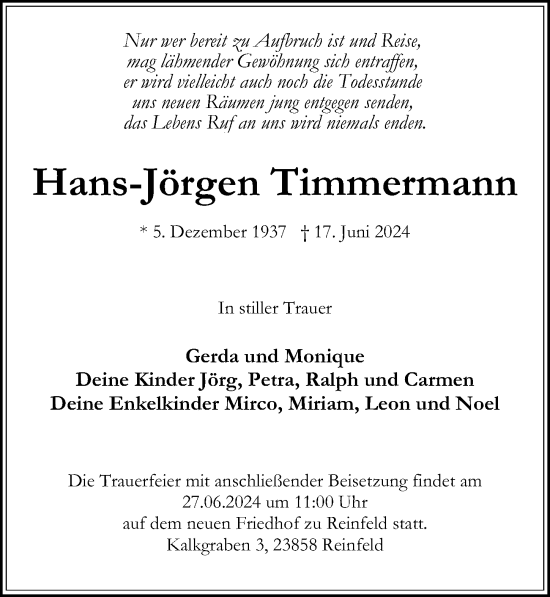 Traueranzeige von Hans-Jörgen Timmermann von Lübecker Nachrichten