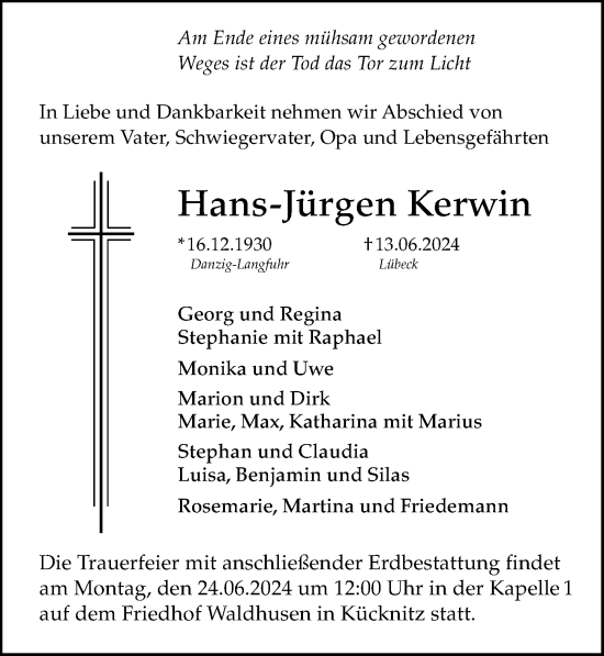 Traueranzeige von Hans-Jürgen Kerwin von Lübecker Nachrichten
