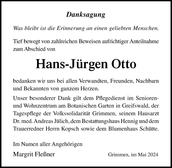 Traueranzeige von Hans-Jürgen Otto von Ostsee-Zeitung GmbH