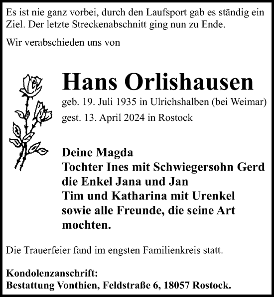 Traueranzeige von Hans Orlishausen von Ostsee-Zeitung GmbH