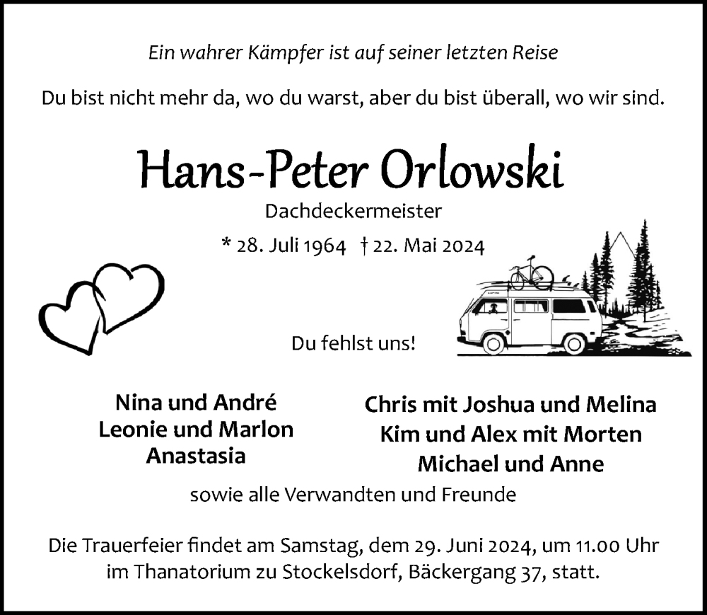  Traueranzeige für Hans-Peter Orlowski vom 02.06.2024 aus Lübecker Nachrichten