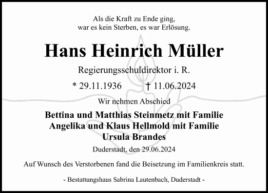 Traueranzeige von Hans Heinrich Müller von Eichsfelder Tageblatt