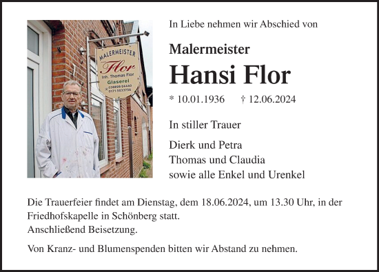 Traueranzeige von Hansi Flor von Ostsee-Zeitung GmbH