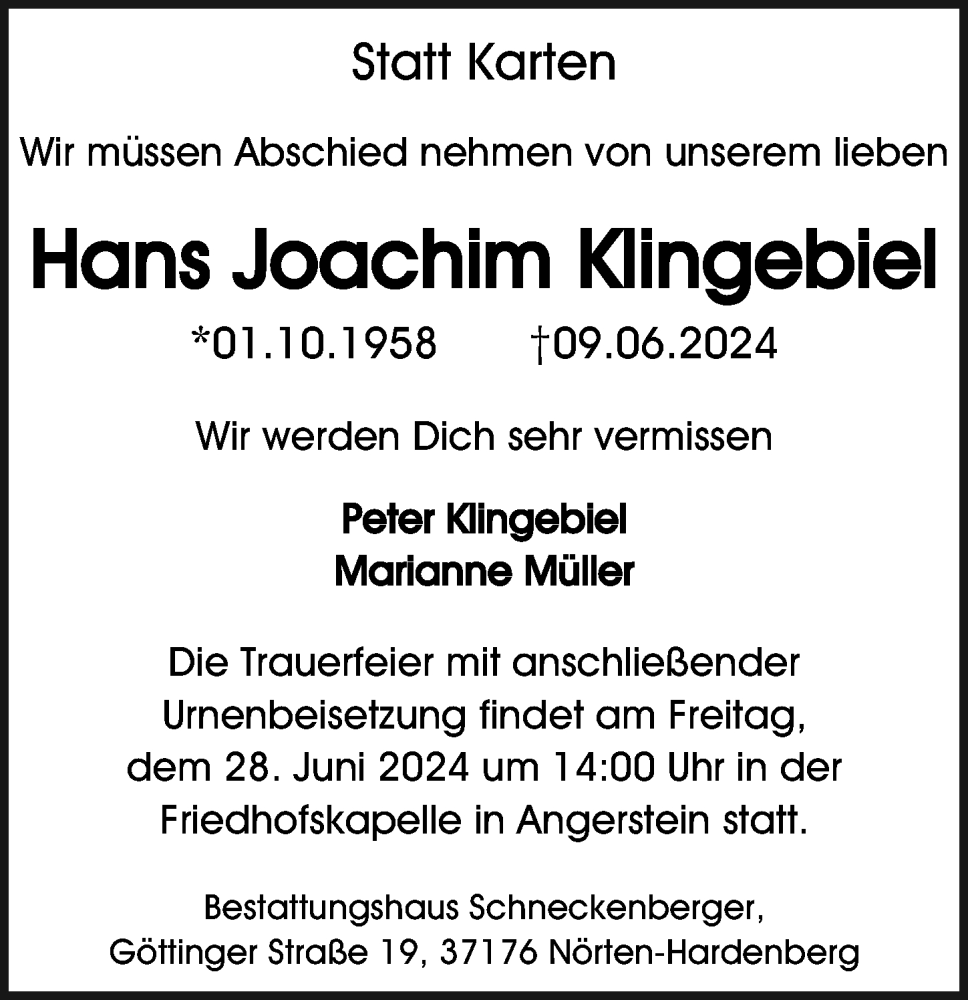  Traueranzeige für Hans Joachim Klingebiel vom 22.06.2024 aus Göttinger Tageblatt