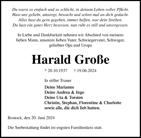 Traueranzeige von Harald Große von Ostsee-Zeitung GmbH