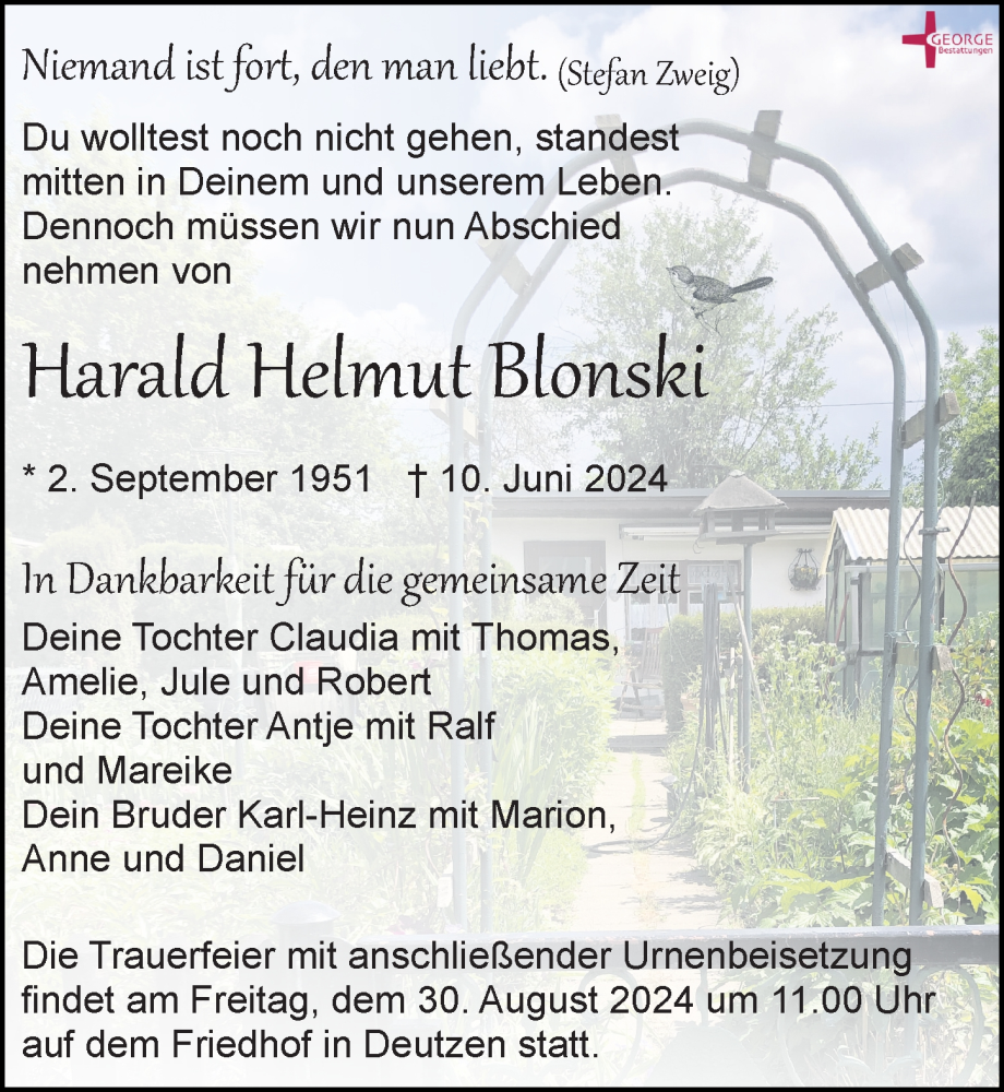  Traueranzeige für Harald Helmut Blonski vom 29.06.2024 aus Leipziger Volkszeitung