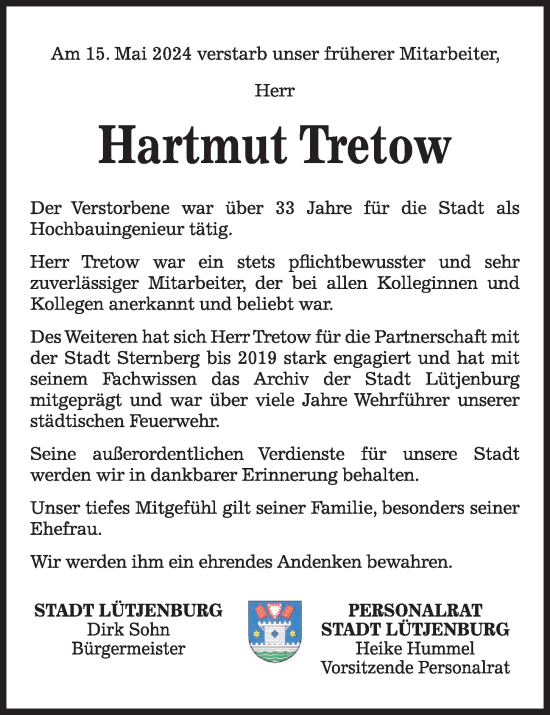 Traueranzeige von Hartmut Tretow von Kieler Nachrichten