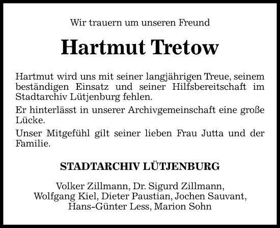 Traueranzeige von Hartmut Tretow von Kieler Nachrichten