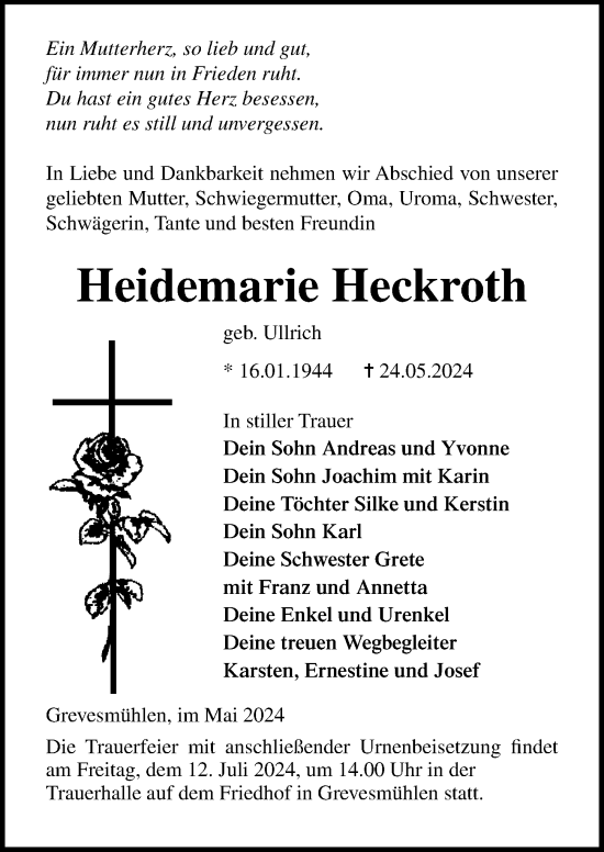 Traueranzeige von Heidemarie Heckroth von Ostsee-Zeitung GmbH