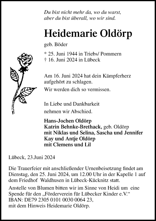 Traueranzeige von Heidemarie Oldörp von Lübecker Nachrichten