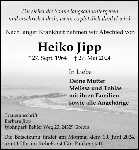 Traueranzeige von Heiko Jipp von Kieler Nachrichten