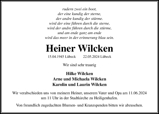 Traueranzeige von Heiner Wilcken von Lübecker Nachrichten