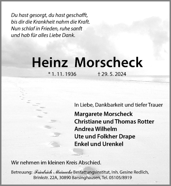 Traueranzeige von Heinz Morscheck von Hannoversche Allgemeine Zeitung/Neue Presse
