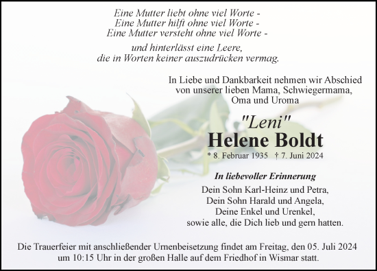 Traueranzeige von Helene Boldt von Ostsee-Zeitung GmbH