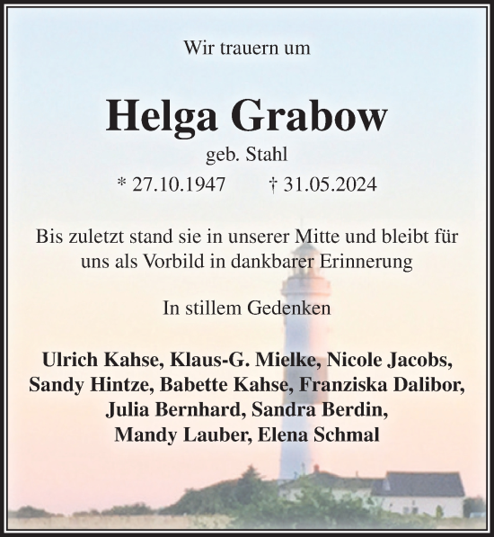 Traueranzeige von Helga Grabow von Aller Zeitung