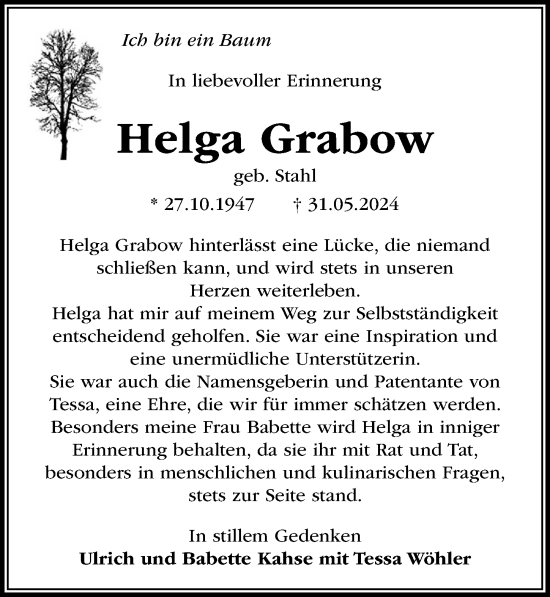 Traueranzeige von Helga Grabow von Aller Zeitung