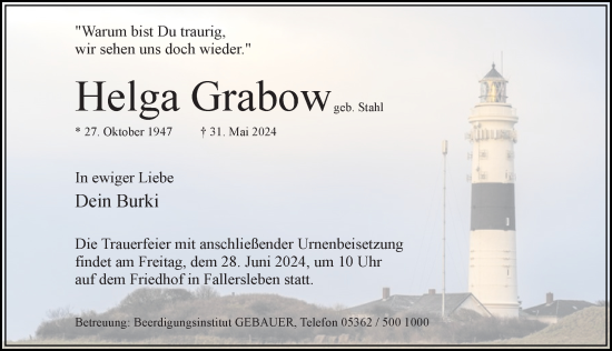 Traueranzeige von Helga Grabow von Aller Zeitung