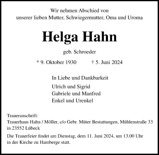 Traueranzeige von Helga Hahn von Lübecker Nachrichten