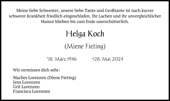 Traueranzeige von Helga Koch von Ostsee-Zeitung GmbH