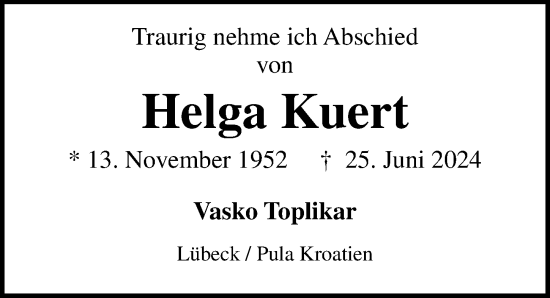 Traueranzeige von Helga Kuert von Lübecker Nachrichten