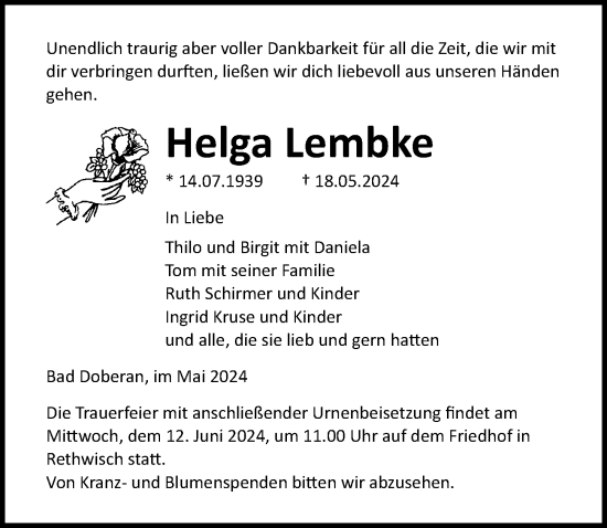 Traueranzeige von Helga Lembke von Ostsee-Zeitung GmbH