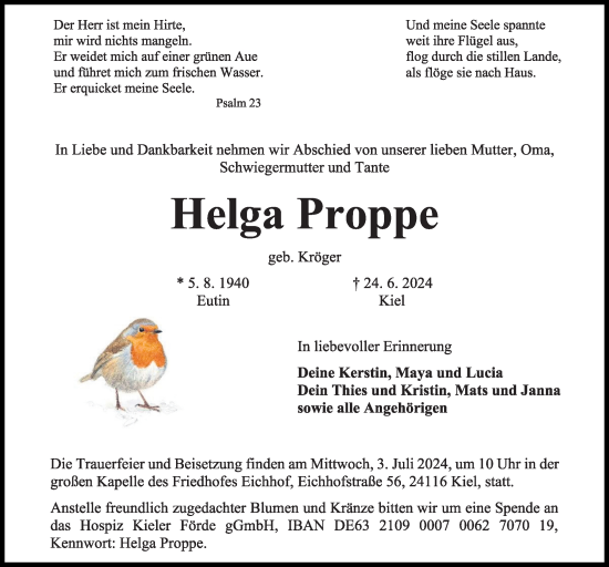 Traueranzeige von Helga Proppe von Kieler Nachrichten