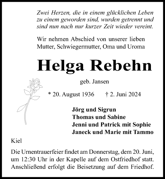 Traueranzeige von Helga Rebehn von Kieler Nachrichten