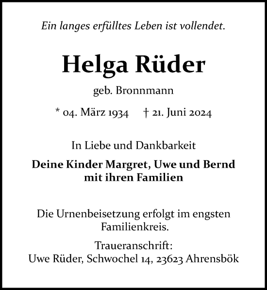 Traueranzeige von Helga Rüder von Lübecker Nachrichten