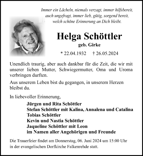 Traueranzeige von Helga Schöttler von Märkischen Allgemeine Zeitung