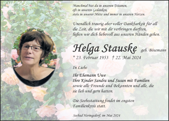 Traueranzeige von Helga Stauske von Ostsee-Zeitung GmbH